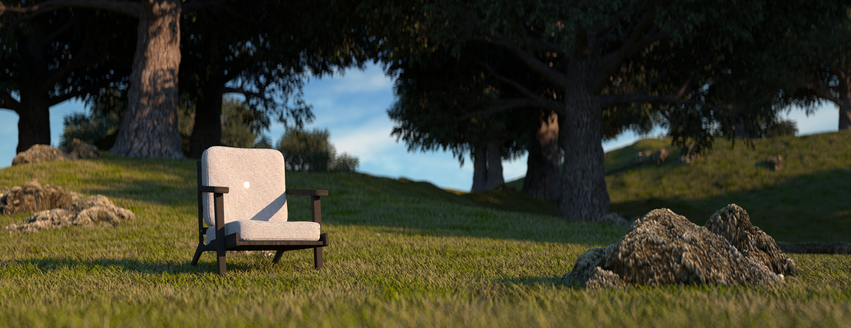 3D rendering of a chair in a forrest